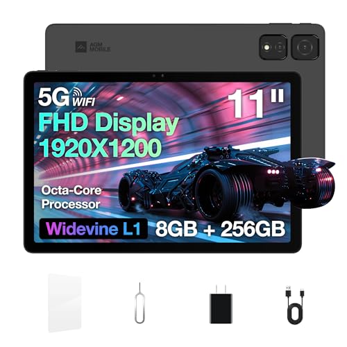 AGM Android 14 Tablet with 11 Inch Full HD IPS Display, 8GB RAM 256GB ROM Large Storage, 1920 X 1200, MTK G91, Widevine L1, 8000mAh Battery, 5G WiFi, GPS/OTG/Bluetooth, Triple Camera, Tablet