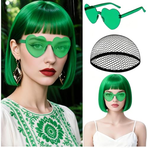 Image of MEEZY Green Short Bob Wigs Straight Hair with Flat Bangs Heart Sunglasses for Women, Colorful Funny Cosplay Party Neon Wig Synthetic Natural As Real Carnival Halloween Costume