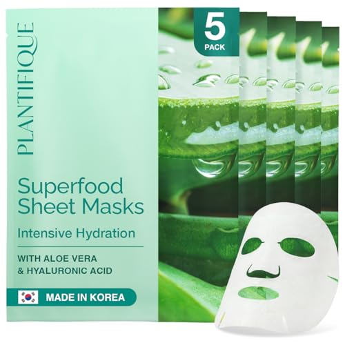 PLANTIFIQUE Koreanische Gesichtsmaske 5-Pack mit Superfoods - Aloe Vera, Hyaluronsäure & Ceramid NP - Feuchtigkeitsspendende und beruhigende Tuchmaske - Korean Face Mask