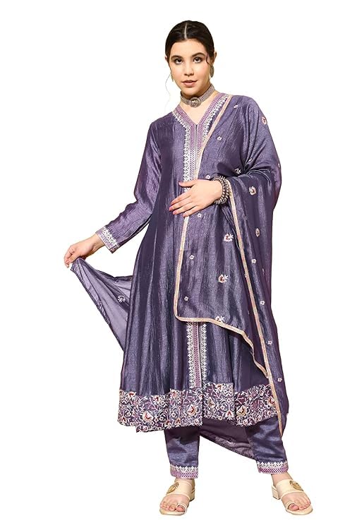 ROYALICA Women's Vichitra Silk Blend Kurta with Pant and Dupatta