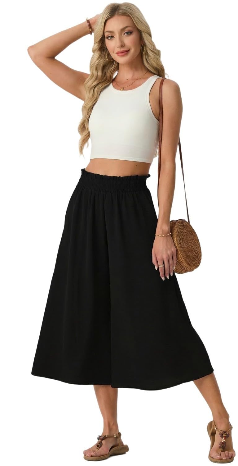PrinStory Pantalones Verano Mujer Cintura Alta Culotte Palazzo Pierna Ancha Bolsillos