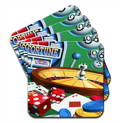 Fancy A Snuggle Brown Casino Gambling Time With Dice, Poker, Cards Set Of 4 Coasters