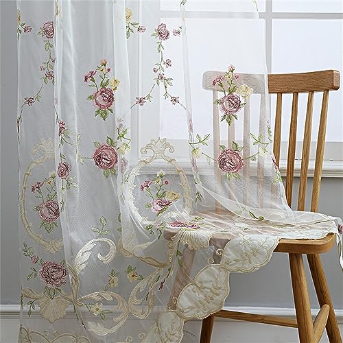 Cortinas traslúcidas bordadas con rosas florales de 84 pulgadas de largo para dormitorio, sala de estar, cortinas de tul de gasa jacquard europeo, juego de tratamiento de ventana para puerta