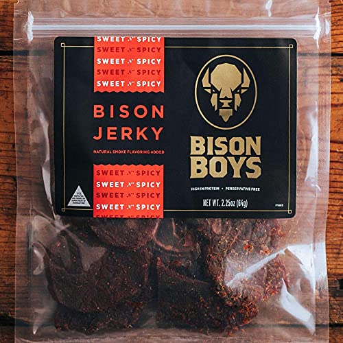 Bison Boys | Buffalo Jerky | Preservative Free Bison Meat | USA Raised | Natural Smoke Flavorings | Protein Packed Low Fat Healthy Snack Food | Sweet Spicy