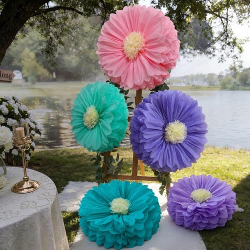 Image of Chunful 5 Pcs 30'' 24'' Gaint Colorful Paper Flower Boho Hanging Tissue Paper Flowers Wall Decoration Large Pink Blue Purple Large Crepe Flower for Baby Shower Wedding Birthday Classroom Bridal Shower