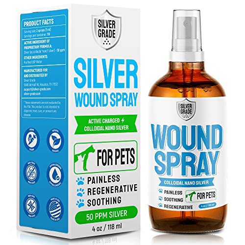 Silver Grade Wound Spray for Pets ● Colloidal Silver Wound and Skin Care for Dogs & Cats ● Helps with Rashes, Hot Spots, Itch, Scratching, Skin Irritation, Bites & Burns ● Safe if Licked (4 oz)