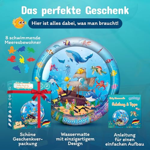 NouBaby® Wassermatte Baby BPA Frei XXL I Babymatte und Spielzeug ab 3, 6 und 9 Monate I Wasserspielmatte Baby, Aqua Matte Baby als Baby Wassermatte, Bauchlage Spielzeug Baby und Baby Matte Wasser