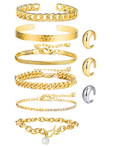 Gold Cuban Chain Bracelet Set & Open Dome Rings Set 14K Gold Plated Cuff Bangles Bracelets for Women Girls (9PCS)