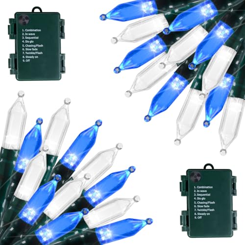 Image of Brightown Battery Operated Christmas Lights 2 Pack 18 Feet 50 LED Clear Mini String Lights with 8 Modes Waterproof Tree Lights for Xmas Outdoor Indoor Holiday Party Garden Decor, Blue & White