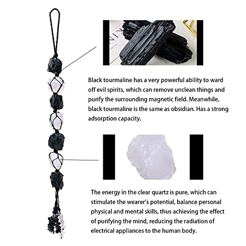 Image of Runyangshi Natural Crystal Black Tourmaline&Clear Quartz Rough Stone Hanging Ornament with Chip Stones Tassels Reiki Healing Meditation Energy Balance Yoga Home Decor Gift