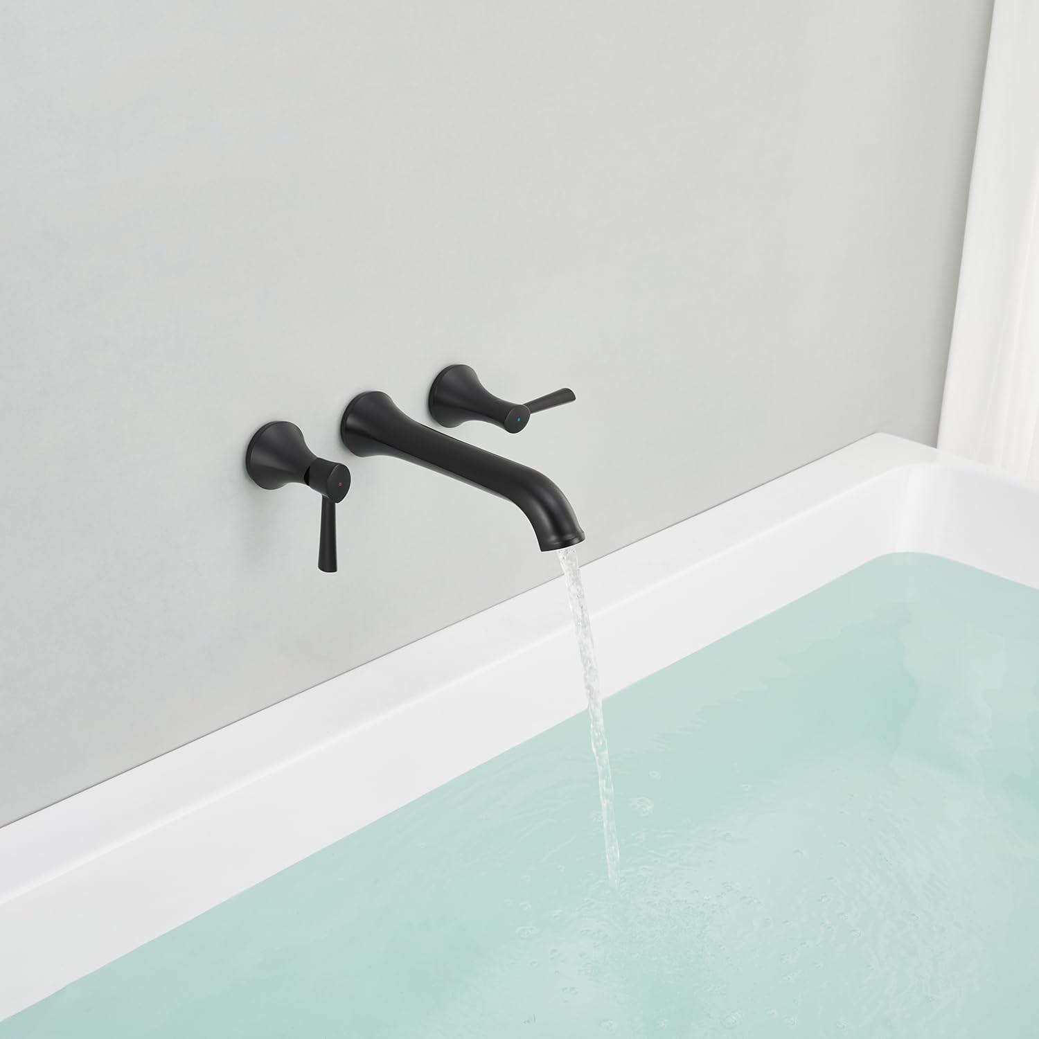 Wowkk Wall Mount Tub Filler Brass Tub Faucet Black Bathroom Bathtub Faucets with 2 Handles