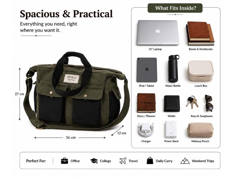 Image of ROUGH Canvas Cotton messenger bag.15'' Lap top. Large size 36x27x11 cm(12Ltr) Metal zipper closure. Allround pockets. Vintage look. Antique fittings.Sustainable