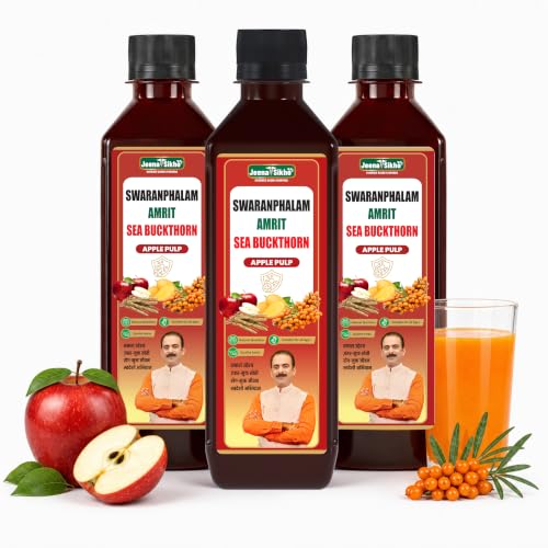 Image of Jeena Sikho Swaranfalam Amrit Sea Buckthorn Berry Pulp /Juice Apple Flavour | Natural Vitamin C, Rich Omega 3 6 7 9, | Ayurvedic Immunity Juice | With Mango & Ashwagandha | Antioxidants For Immunity, Skin Glow & Gut Health, 500 ml, Pack of 3