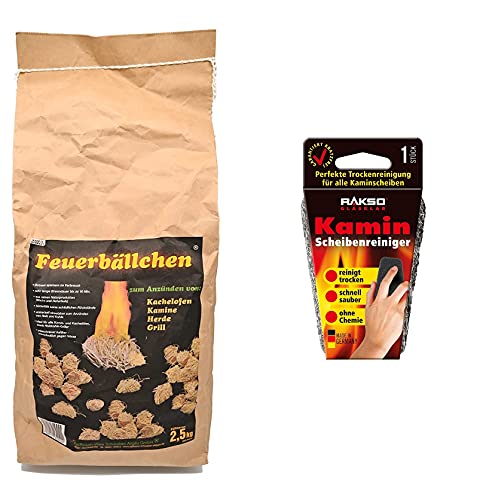 Raiffeisen Waren Feuerbällchen 2,5 kg + RAKSO Glas-Reiniger für Kamin-Scheiben 1 Stück (Brenndauer ca. 10 min, Anzünder + Reiniger ohne Chemie, reinigt ohne Schmieren + Verkratzen)