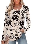 EFFAN Womens Tops Ladies Casual Long Sleeve Blouse Soft V Neck Shirt Fall Loose Fit Pleated Tunics Tops, Apricot Black Floral, S