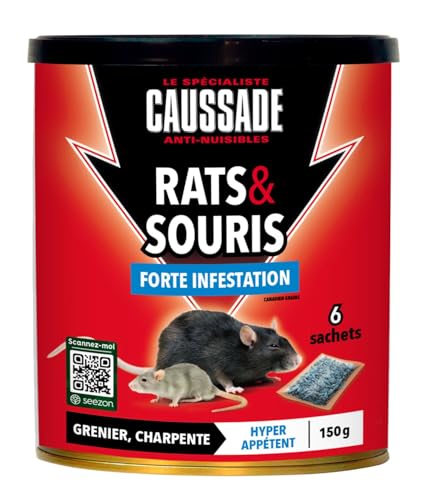 Caussade Anti Rats & Souris - Efficacité Radicale - Lieux secs - 6 Sachets céréales - Prêt à l'emploi - Une Ingestion Suffit - 150g CARSC150N