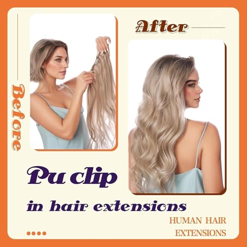 Image of Full Shine Clip in Human Hair Extensions Ash Blonde Mix Platinum Blonde Seamless Clip in Hair Extensions Human Hair Straight Hair Invisible Soft with PU Weft 14 Inch 8 Pcs 120 G