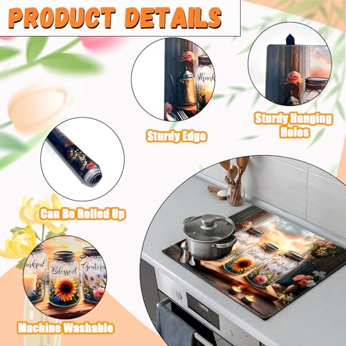 Image of Flower Stove Top Cover for Electric Stove, Flowers Vase Bottle Stove Top Cover, Thankful Blessed Grateful Range Covers, Spring Summer Rustic Floral Cooktop Cover for Kitchen Home Decor, 28x20 inch