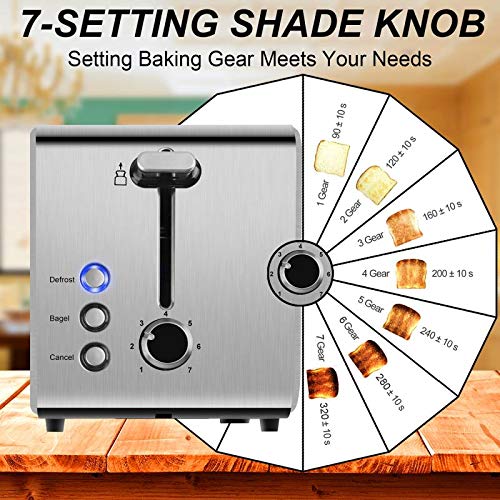 Toaster 2 Slice Best Rated Prime Stainless Steel 2 Slice Toasters 1.5in Wide Slot Toasters 7 Shade Settings Defrost/Begal/Cancel with Removable Crumb Tray for Bread, Waffles, Small Retro Evenly Quickly Toaster Silver