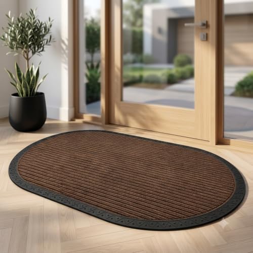 Image of Heavy Duty Front Door Mat 60 x 100 cm, Outdoor Indoor Welcome Mat, Non Slip Dirt Trapper Entrance Rug for Entryway, Patio & Porch,Washable Low Profile Foot Mat (Brown Oval 2 x 3.2 feet)