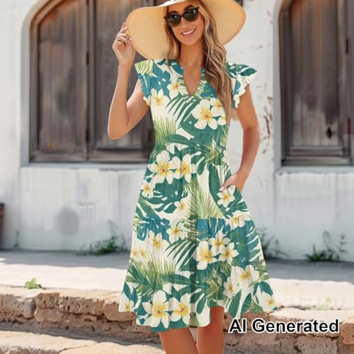 Image of Womens Summer Dress Ruffle Sleeve V Neck Dress Casual Fit Flowy Beach Vacation Sundress with Pocket S-2XL