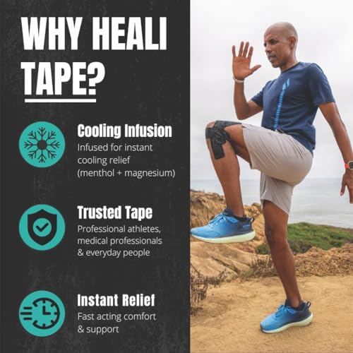 Image of Heali Kinesiology Tape with Magnesium and Menthol, 3 Pack, Each w / 20 Precut Strips, K Tape Roll, Knees, Physical Therapy Sports Tape for Knees, Joints & Muscles, Water Resistant, Black Inspo