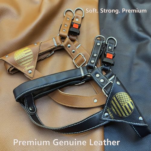 Image of Genuine Leather Dog Harness - Adjustable No Pull Harness with Soft Padded Chest, Heavy Duty Buckle, Brown, Medium Dogs