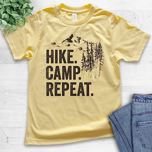 EVERTREE CLOTHING Hike Camp Repeat T-Shirt, Youth Kids Girl Boy T-Shirt, Hike Shirt, Hiking Shirt, Camping Camper Shirt2