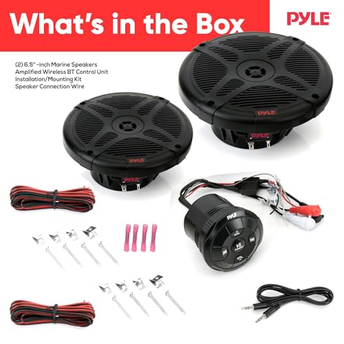 Image of Pyle 6.5'' Dual Marine Speakers Kit - Waterproof-Rated w /Amplified Bluetooth Remote Control Receiver for Powersport Vehicles, IP65 Marine Grade Rating, 600 Watt Max Power PLMRKT8 (Pack of 4)