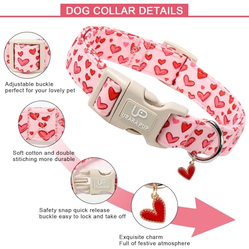 Image of Valentine's Dog Collar, UP URARA PUP Pink Heart in Red Adjustable Pet Collar with Bowknot Charm, Wedding Dog Accessories for Small Medium Large Dogs