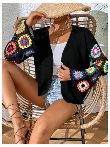 Women's Floral Hollow Out Crochet Cardigan Sweater Long Sleeve Open Front Boho Knit Tops3