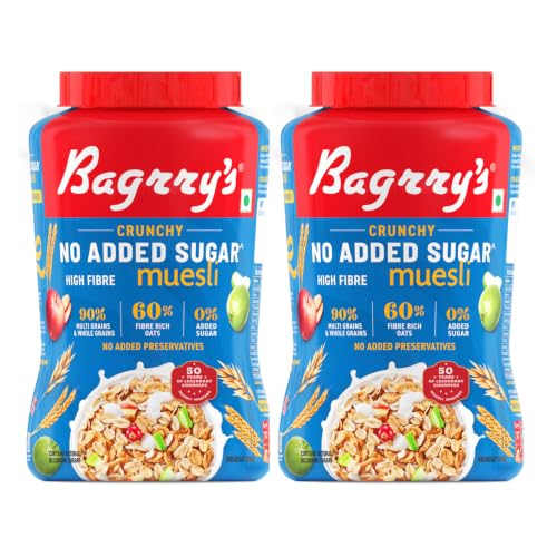 Image of Bagrry's No Added Sugar Muesli 2kg (Pack of 2, 1kg Each) Jar | 0% Added Sugar | 90% Whole Grains | 60% Fibre Rich Oats | High Fibre & Source of Protein | Plant-Based Breakfast Cereal | No Nuts, No Corn Flakes | No Preservatives | No Palm Oil