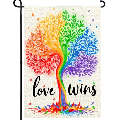 Agroon Pride Garden Flag 12x18 Inch Rainbow Tree Love Wins Double Sided Flag for Yard Outdoor Decoration