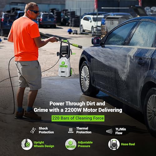 Image of DYLECT Ultra Force Pro High Pressure Car Washer Pump(with Pressure Adjustment), 2200 Watts Motor, 220 Bars Pressure, 7.5L /Min Flow Rate, 8m Outlet Hose, Upright Design with Wheels with 11 Accessories