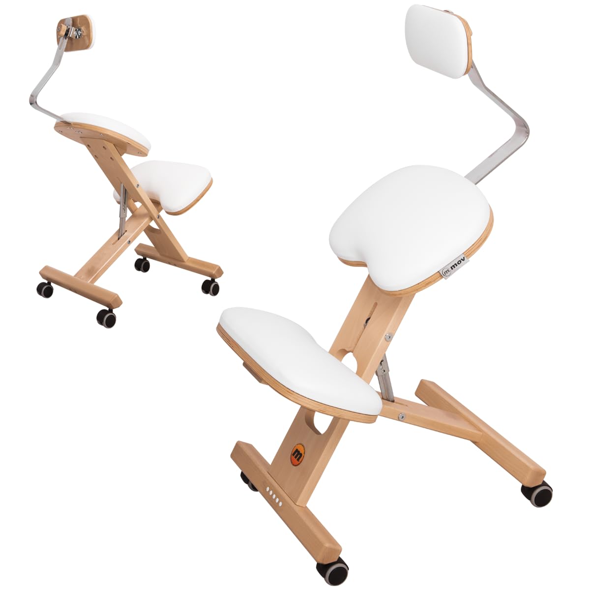 Ergonomischer Stuhl, Kniestuhl Ergo-Comfort+ Snow mit gummierten Rollen und Lendenwirbelstütze, zu 100% aus Buchenholz gefertigt