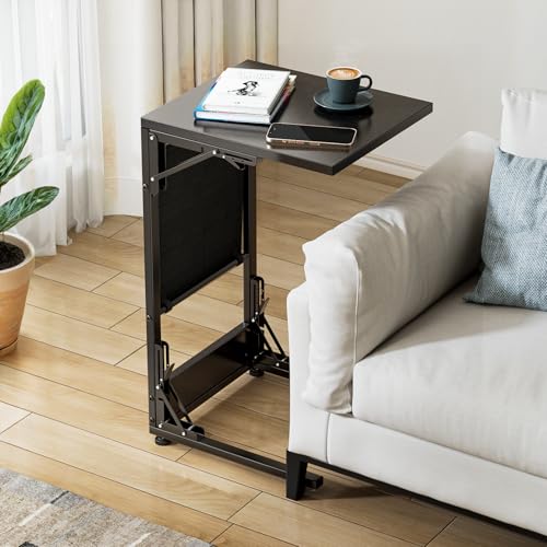 Image of Folding C Shaped End Table, Small Folding Side Table with Storage Bag, Portable TV Tray for Couch, Sofa, Bed, Black