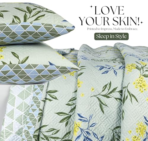 Image of SANMARINO Solid 100% Cotton Bedspread Set - 280 TC, Ultrasonic Quilted, Soft & Lightweight, King Size (90x100 in /254x228 cm),Coverlet with 2 Pillow Cases, Stitch-Free Design, Color-Mint Green