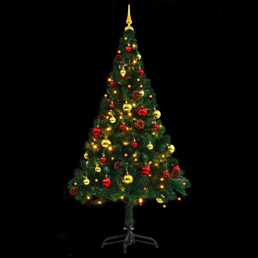 5ft Pre-Lit Artificial Christmas Tree with LED Lights & Decorations, 150 Warm White LEDs with 4 Lighting Modes, PVC Green Holiday Tree with Baubles & Pine Cones for Indoor Outdoor Xmas Decor