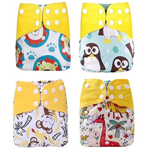 Pañal de tela lavable y reutilizable para la mayoría de bebés y niños pequeños (4 unidades, león amarillo + pingüino + mono + jirafa)