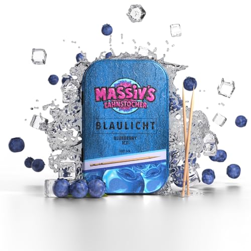 Massivs BLAULICHT Flavoured Toothpicks Blueberry Ice 100 Pieces in Metal Tin Fresh Breath Oral Care Sugar Free Vegan Birch Wood Toothpicks Gum Alternative