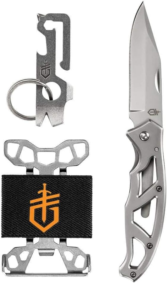 GERBER Paraframe Combo: 4.13" (10.49cm) Closed, 3" (7.62cm) Stainless Blade, Black Stainless Steel Handle, Includes Mullet Keychain Tool & Barbill Wallet