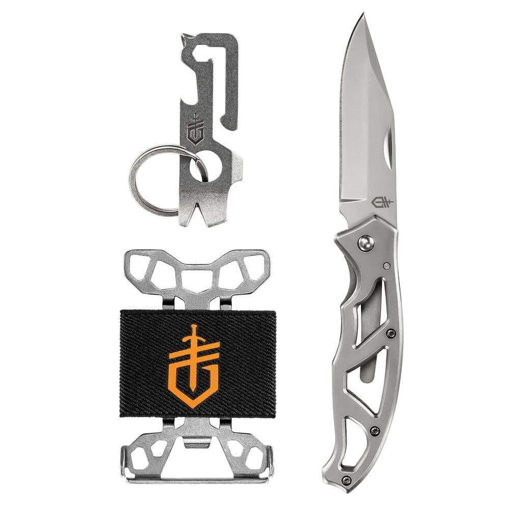 Gerber Paraframe Combo: 10,49 cm zamknięty, 7,62 cm, czarny uchwyt ze stali nierdzewnej, łącznie z breloczkiem do kluczy z czerwonego wina i uchwytem na kostki