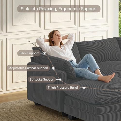Image of Gizoon 75'' Loveseat with Ottoman for Small Space L Shaped Cloud Coucher with Deep Seats, 2 Seater Love Seat Sofa with Washable Corduroy Cover for Living Room Bedroom, Gray
