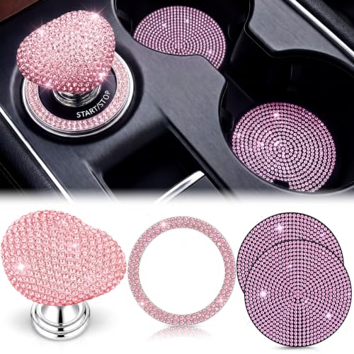 Anneaux de démarrage strass rose en cœur autocollants pour bouton auto