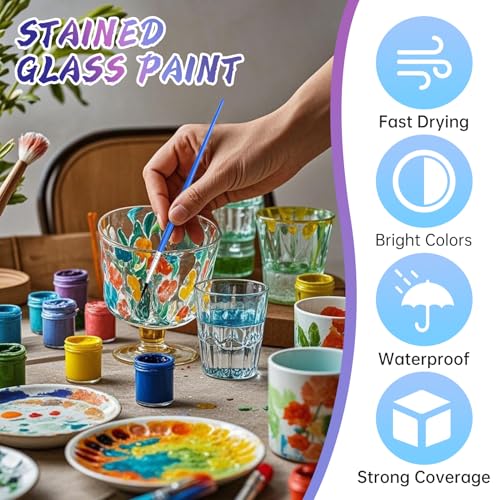 WEILAOK Glasfarbe auf Wasserbasis, Glass Paint Keramikfarbe Porcelain & Glass Starter Set, Acrylfarbe zum Bemalen von Tassen, Tellern, Weingläsern 6 x 25 ml Farbe und Pinsel