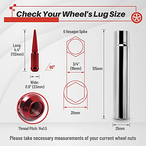 Image of MIKKUPPA M14x1.5 Wheel Spike Lug Nuts, 32 PCS Red Spiked 14mmx1.5 Solid 4.4 inch Tall Acorn Lug Nuts with 1 Socket Key Replacement for Chevy Silverado 1500 2500 3500, F-150 F-250 F-350