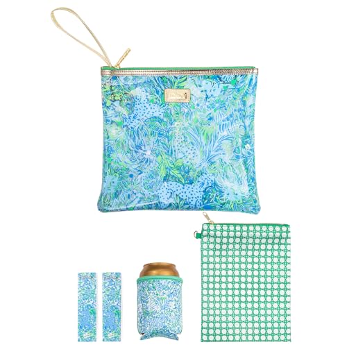 Image of Lilly Pulitzer Water Resistant Vinyl Beach Day Pouch, Zipper Bag Includes Drink Hugger, Small Pouch, and Towel Clips, Dandy Lions, 1 SZ, Beach