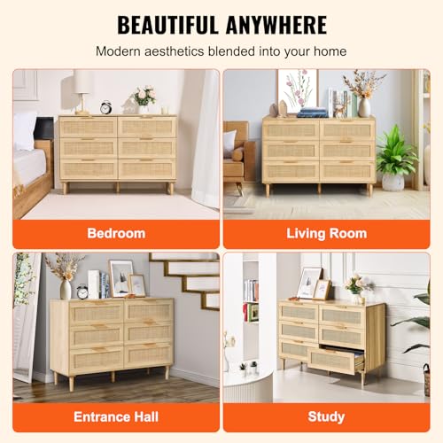 VEVOR 6 Drawer Rattan Dresser, Boho Dresser, Rattan Chest of Drawers with Spacious Storage, Natural Rattan Dresser for Bedroom, Living Room & Hallway,Rattan Nightstand with Sturdy Handles&Legs, Brown - Image 8
