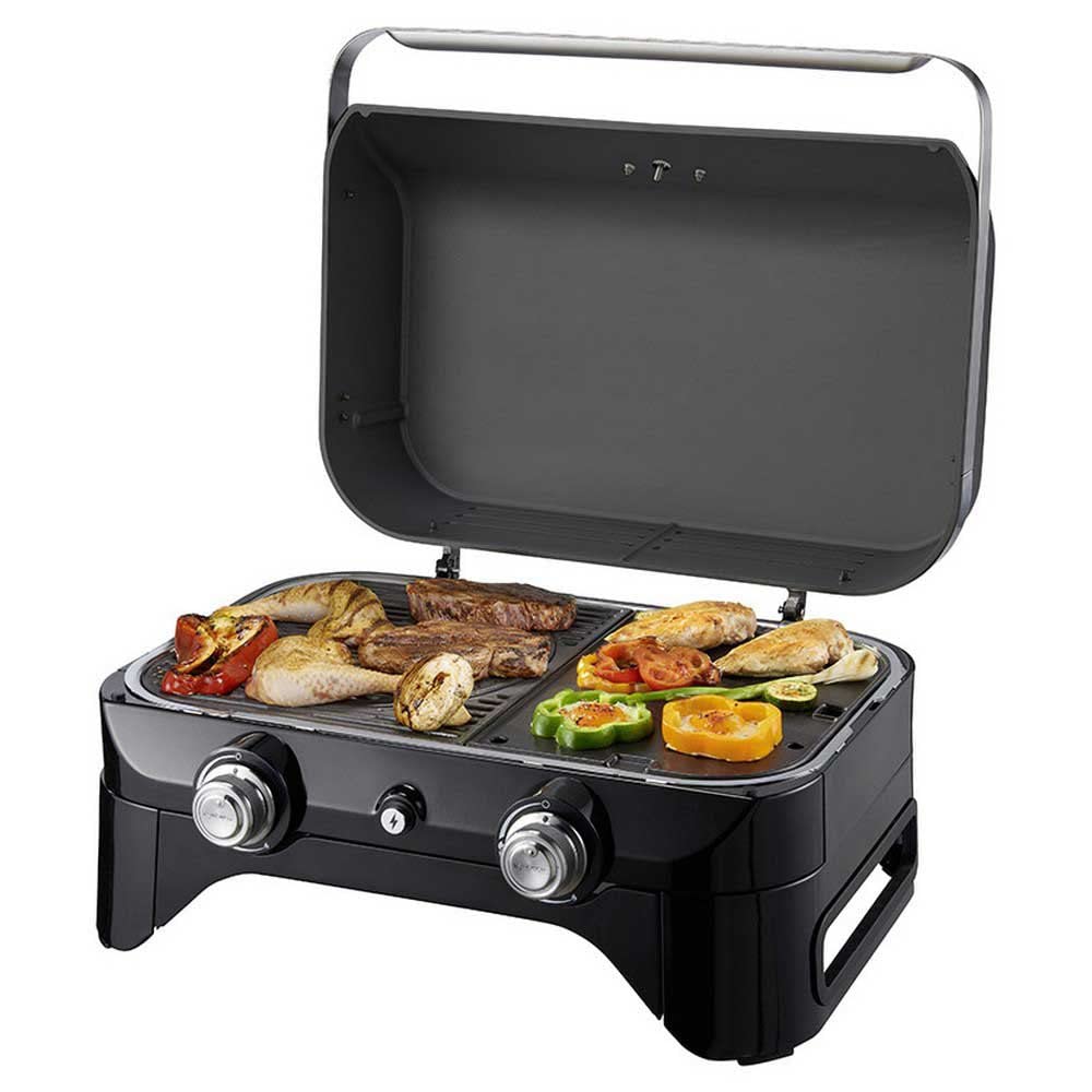 CAMPINGAZ Attitude 2100 LX Barbacoa de gas, barbacoa de mesa portátil con 2 quemadores de acero, 5 kW de potencia, para camping con tapa, termómetro y parrilla de hierro fundido, 2000038741