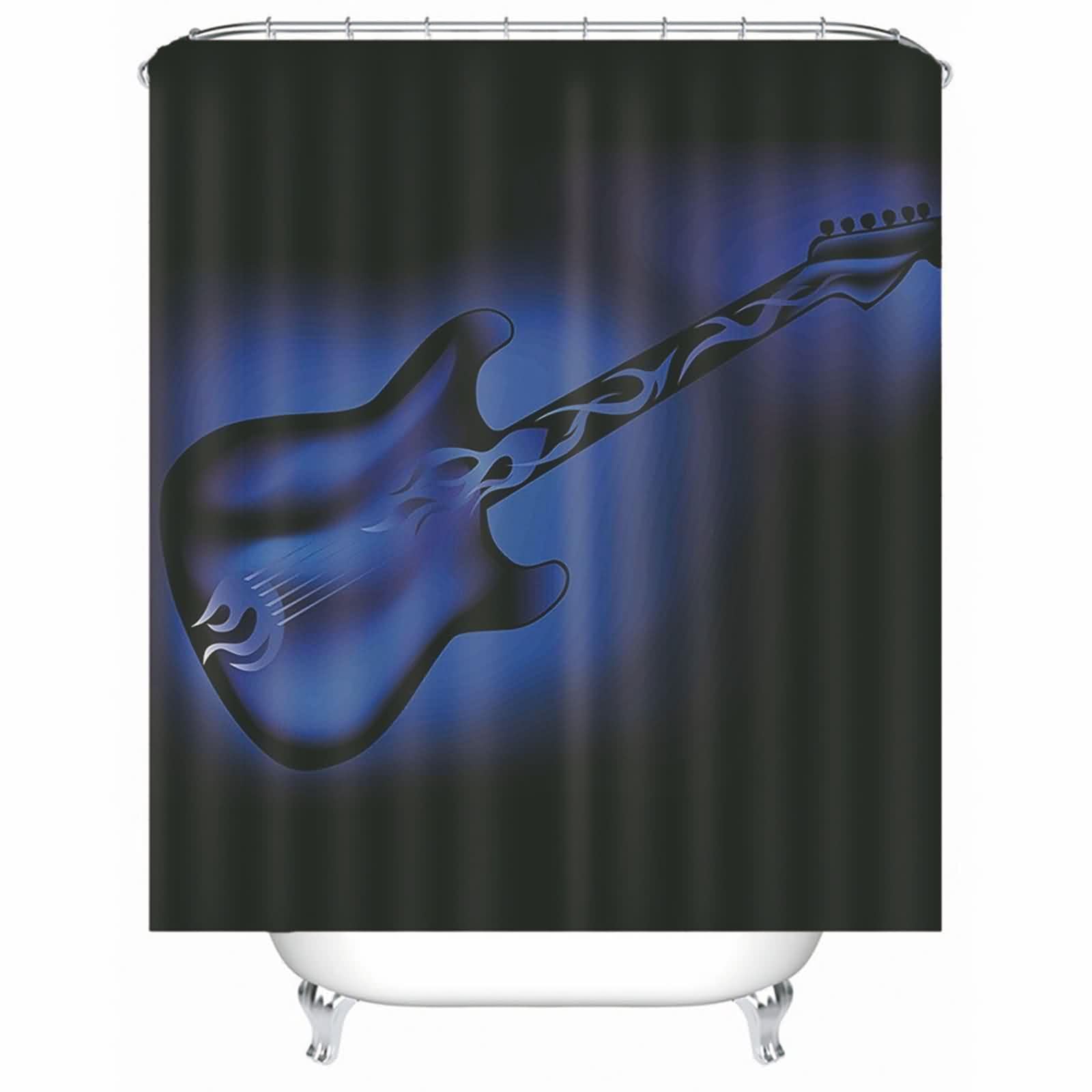 Rideau de douche bleu foncé en polyester lavable avec anneaux motif violon